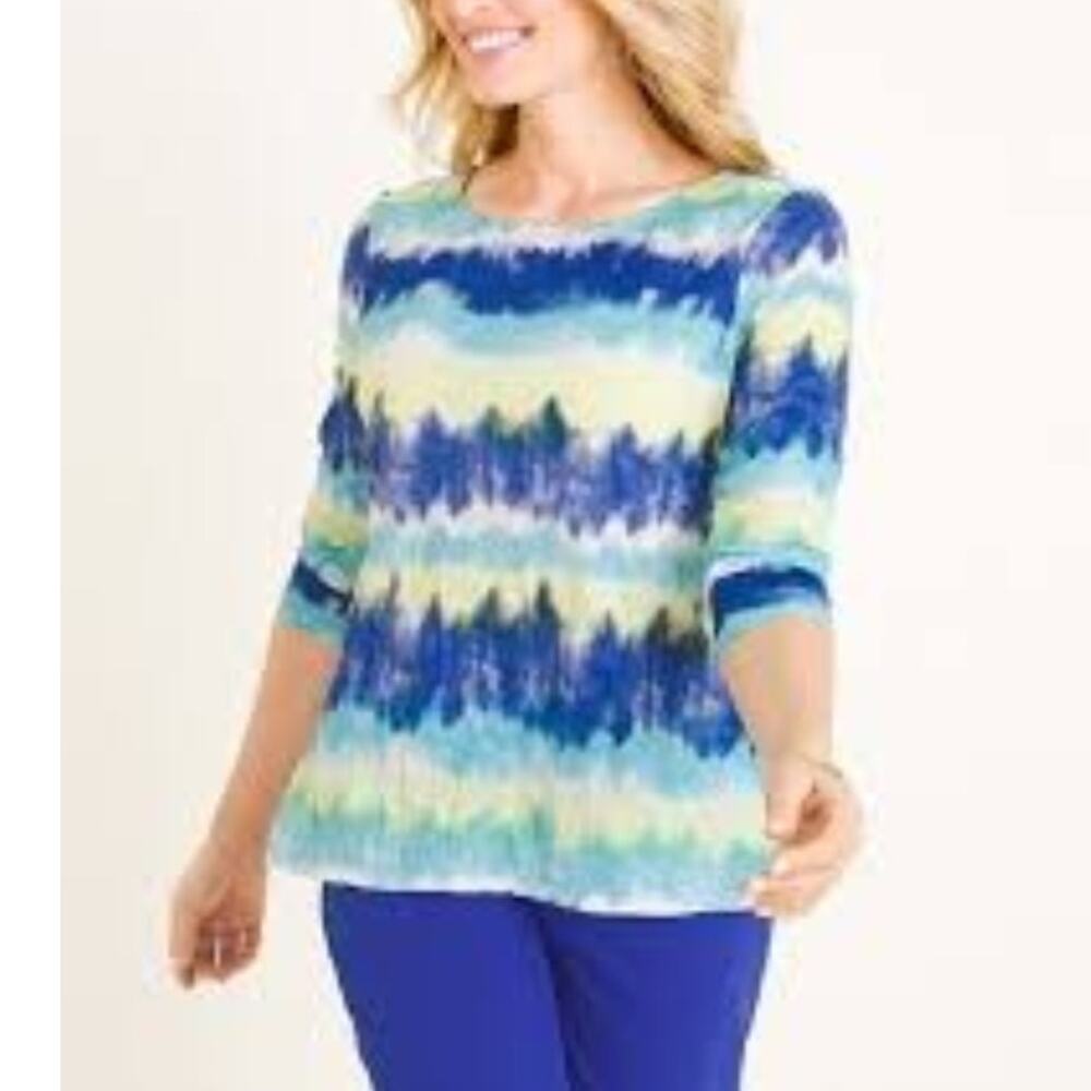 Chico's Zenergy Blue & Yellow Crushed Tie-Dye Top Women's Size 8/10 Colorful Tee